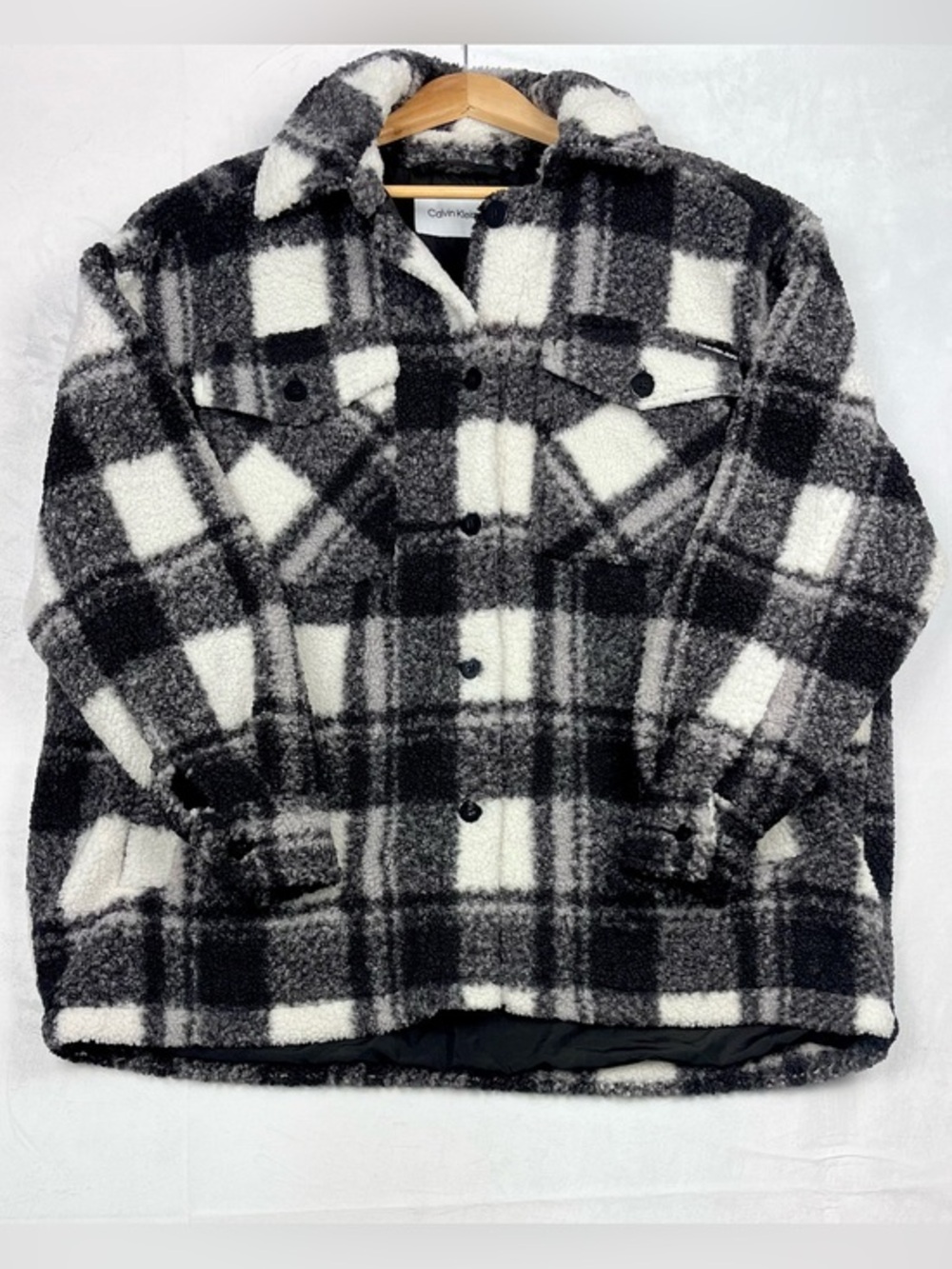 Calvin Klein Jeans Oversized Plaid Teddy Shacket Jacket Black White Coat Size XL